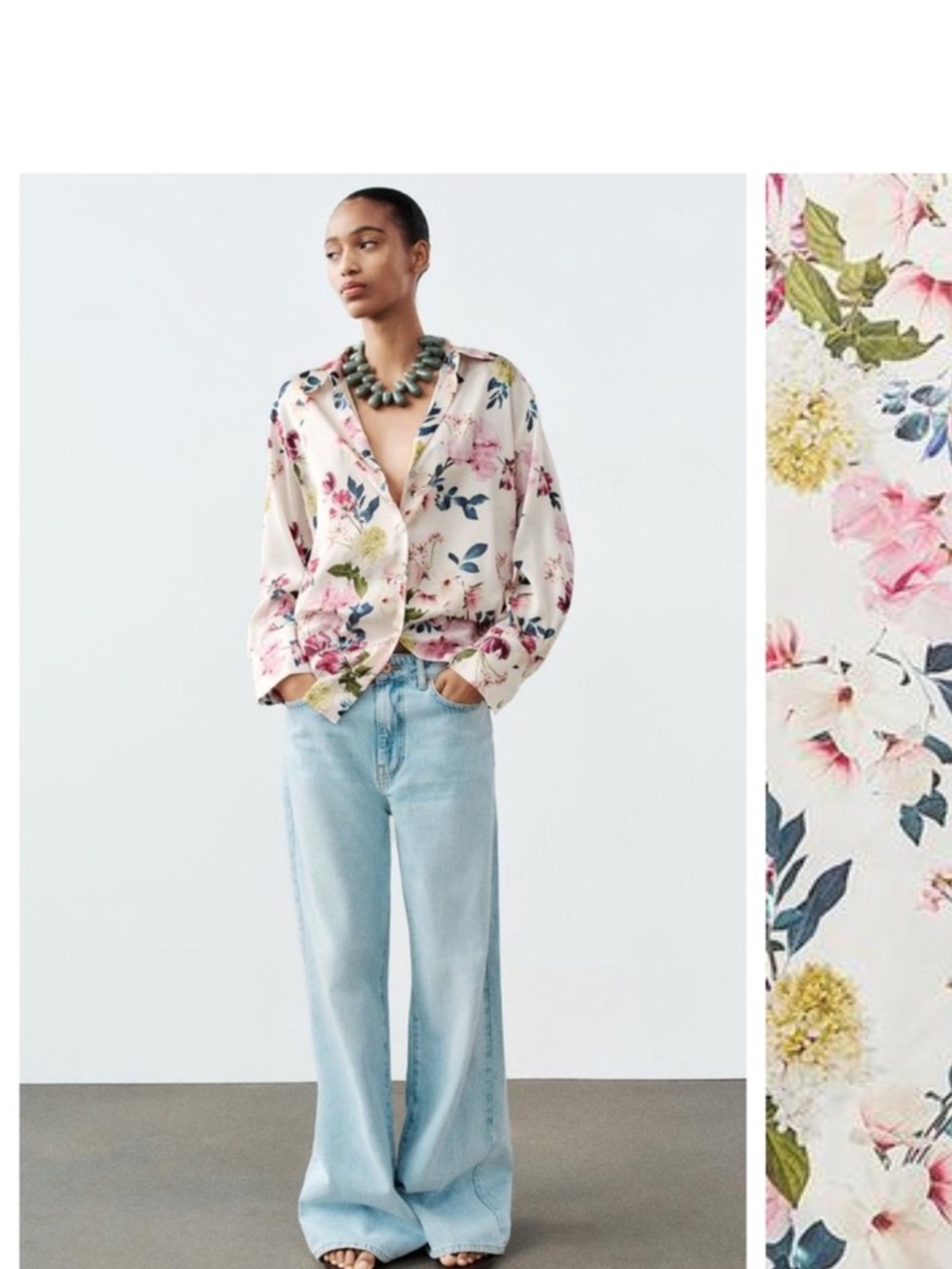 Zara Floral Satin Button-Up Blouse in Cream and Pink